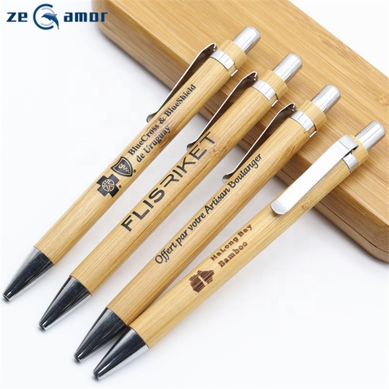 2022 Bamboo Pen Custom Logo Printed Paper Pouch Jumbo Parker Refill Wood Laser Engrave ECO Ball Pens With Metal Clip Free Sample