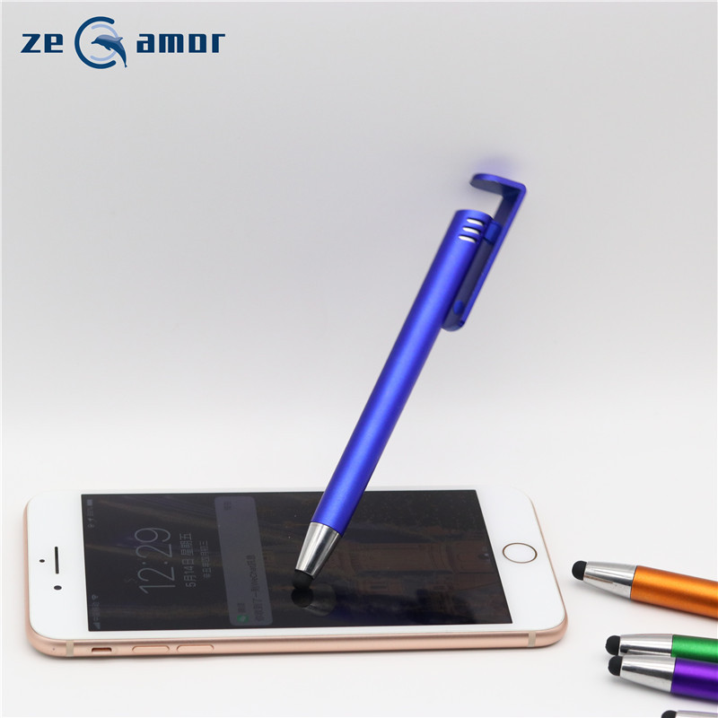 Customized Logo Office Supplies Stylo Multi function 3 in1 Mobile Phone Stand Holder Active Stylus Screen Pen