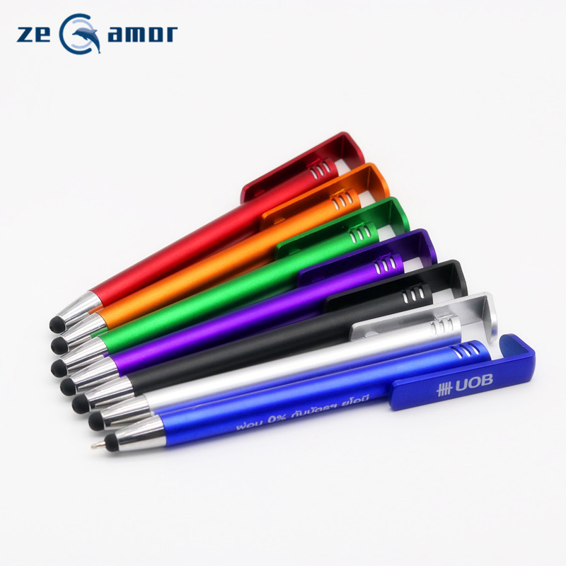 Customized Logo Office Supplies Stylo Multi function 3 in1 Mobile Phone Stand Holder Active Stylus Screen Pen