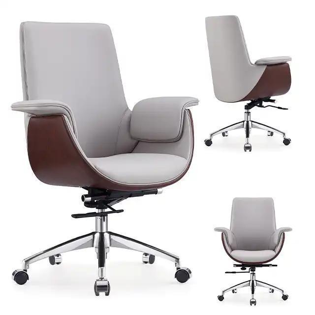 China Wholesale Lifting Swivel White Luxury Real Genuine Leather Wooden Boss Office Chair