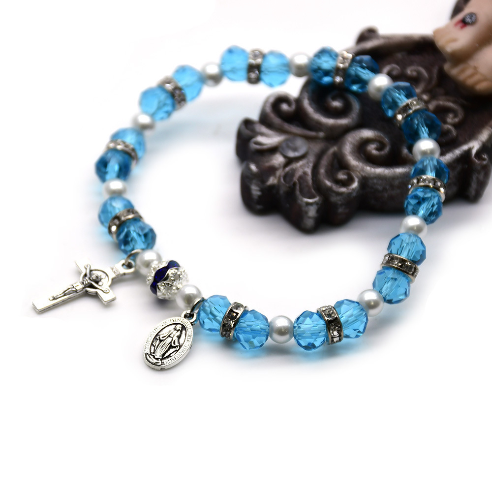 Cross Rosary Bracelet Glass Crystal Beads Elastic Rope Catholic Rosaries