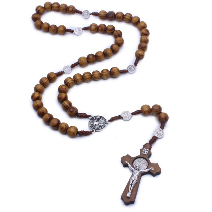 Wholesale Handmade Wooden Cross Necklace Religious Ornaments Catholic Christian Rosary Beads Necklace