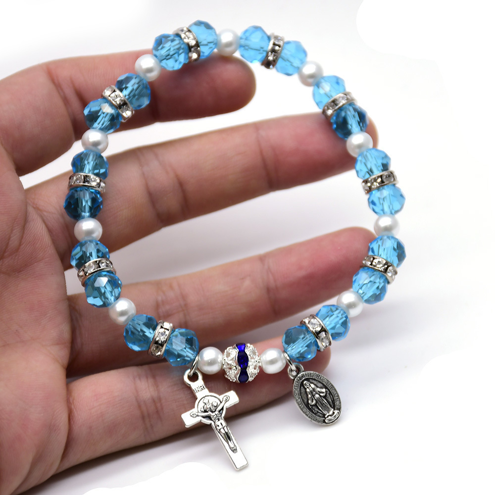 Cross Rosary Bracelet Glass Crystal Beads Elastic Rope Catholic Rosaries