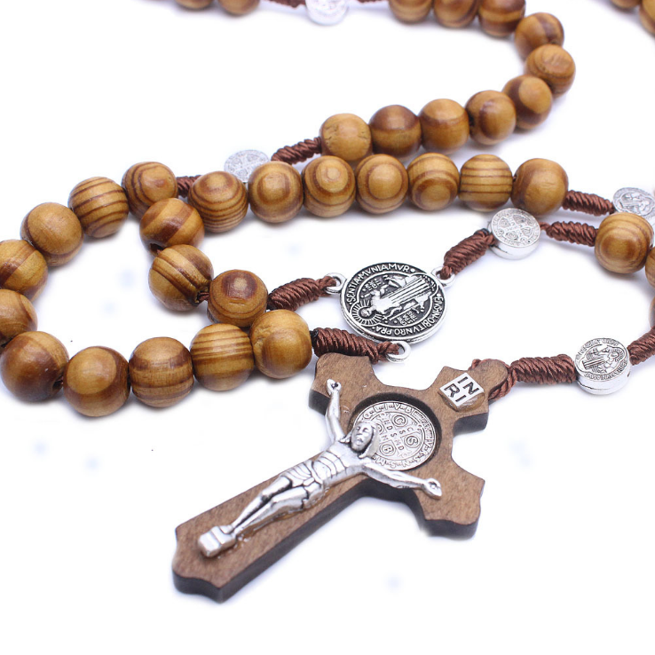 Wholesale Handmade Wooden Cross Necklace Religious Ornaments Catholic Christian Rosary Beads Necklace