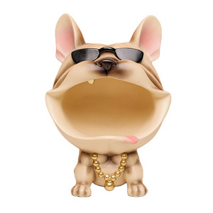 Hot Selling Resin crafts French Dog Statue with Tray Bulldog Sculpture Candy Key Storage Holder