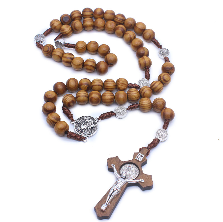 Wholesale Handmade Wooden Cross Necklace Religious Ornaments Catholic Christian Rosary Beads Necklace