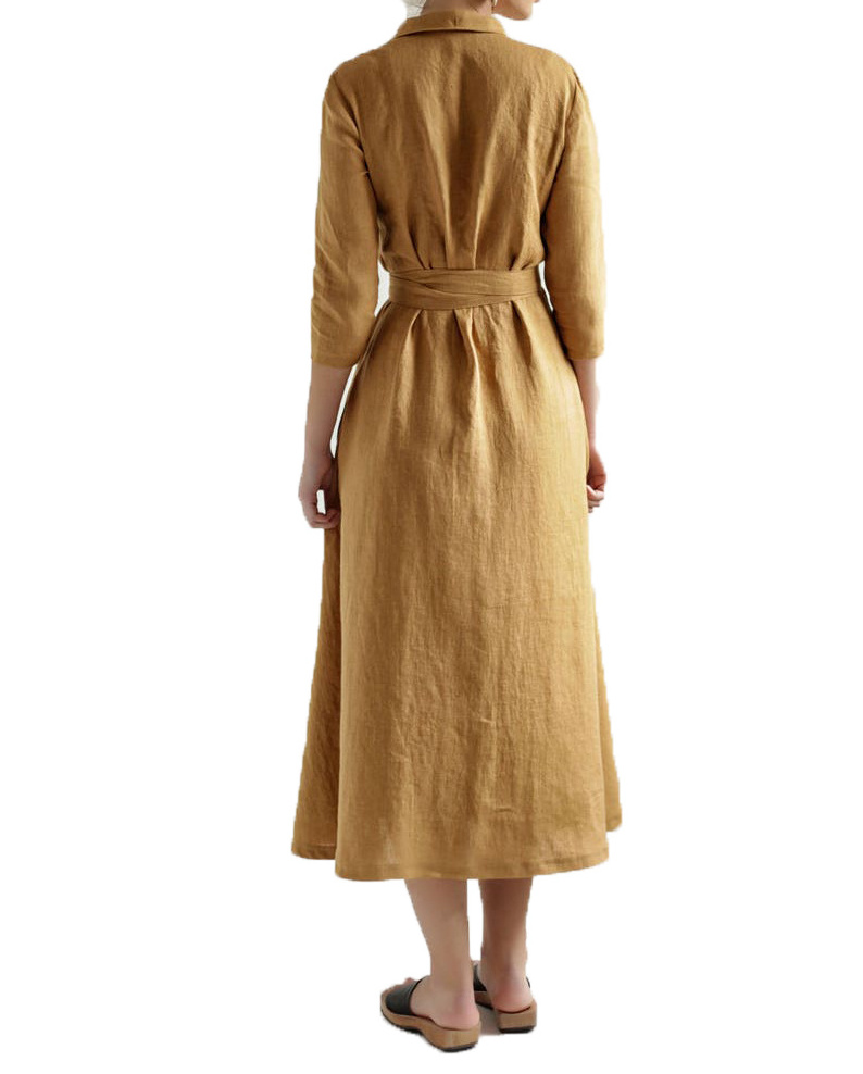 Mustard Color Long Style Kimono Handmade Dress Half Sleeves Made With 100% Linen Handmade Dress Women in best Price