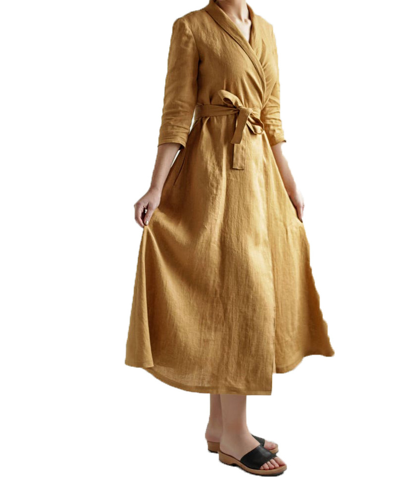 Mustard Color Long Style Kimono Handmade Dress Half Sleeves Made With 100% Linen Handmade Dress Women in best Price