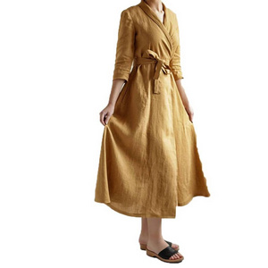 Mustard Color Long Style Kimono Handmade Dress Half Sleeves Made With 100% Linen Handmade Dress Women in best Price