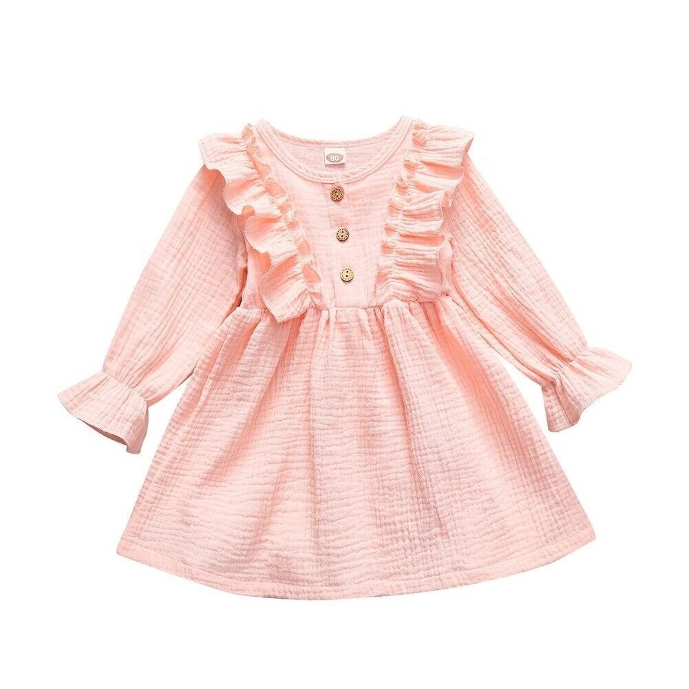 Toddler baby girl summer dress ruffles sleeves muslin children girls casual button up kids sundress