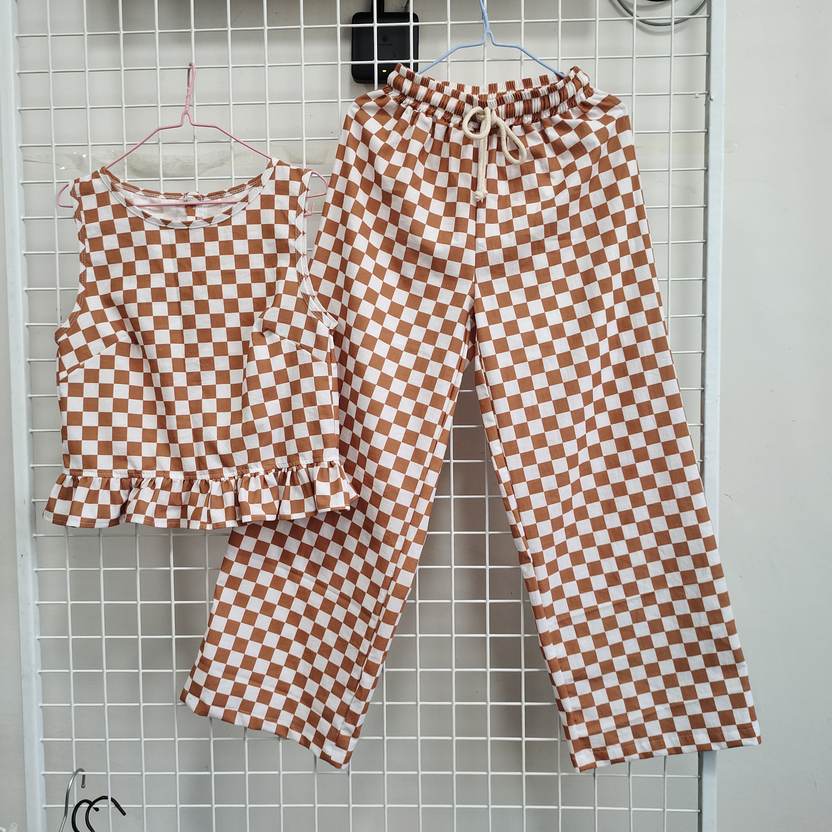 Custom women sleeveless ruffle top and wide leg pant Checkered linen baby girls cute clothes suit