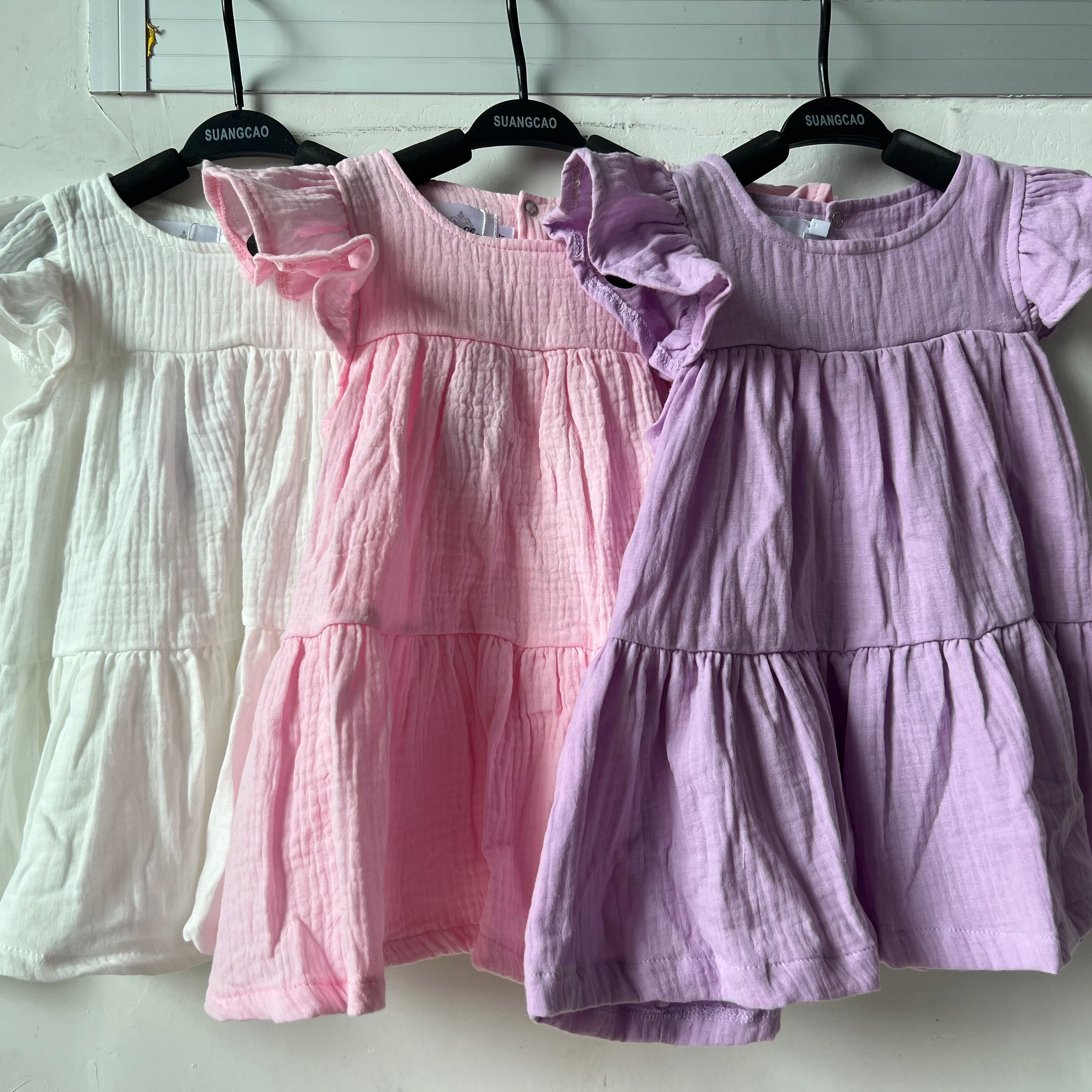 Summer cute girl pleated flyaway sleeve dress muslin cotton loose dress princess style dress kid outfit