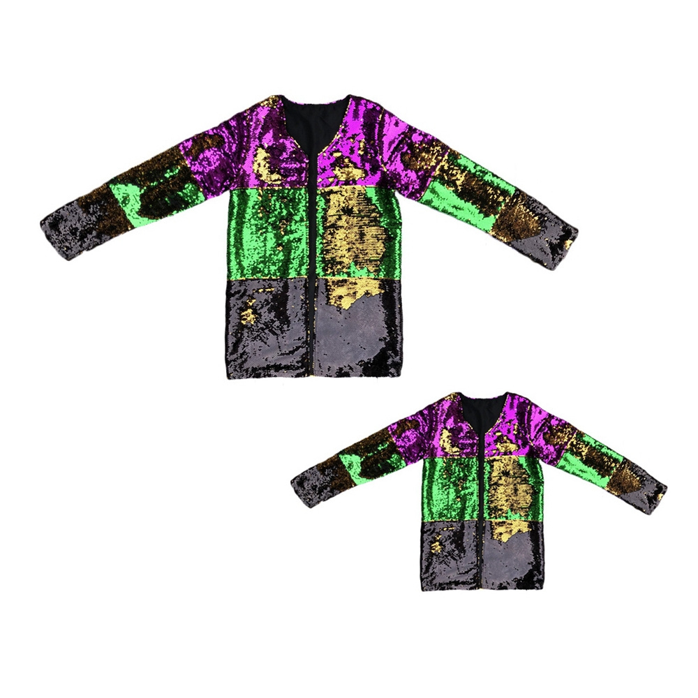 New mardi gras tri-colors sequin kimono orleans family matching reversible gold green purple sequin jacket coat