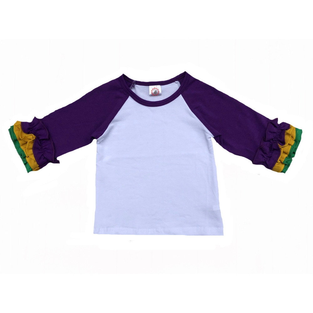 Wholesale spring baby cotton ruffle shirts kids mardi gras chic tops baby monogram blank raglan shirts