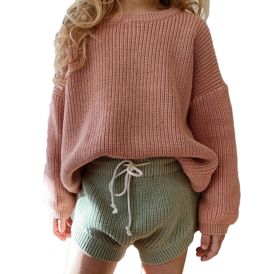 Custom girls solid color crochet sweaters baby handwool sweater set baby girls clothes