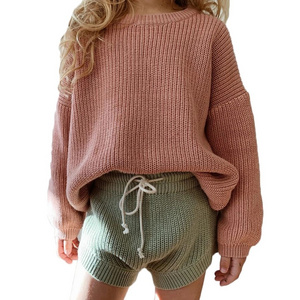 Custom girls solid color crochet sweaters baby handwool sweater set baby girls clothes