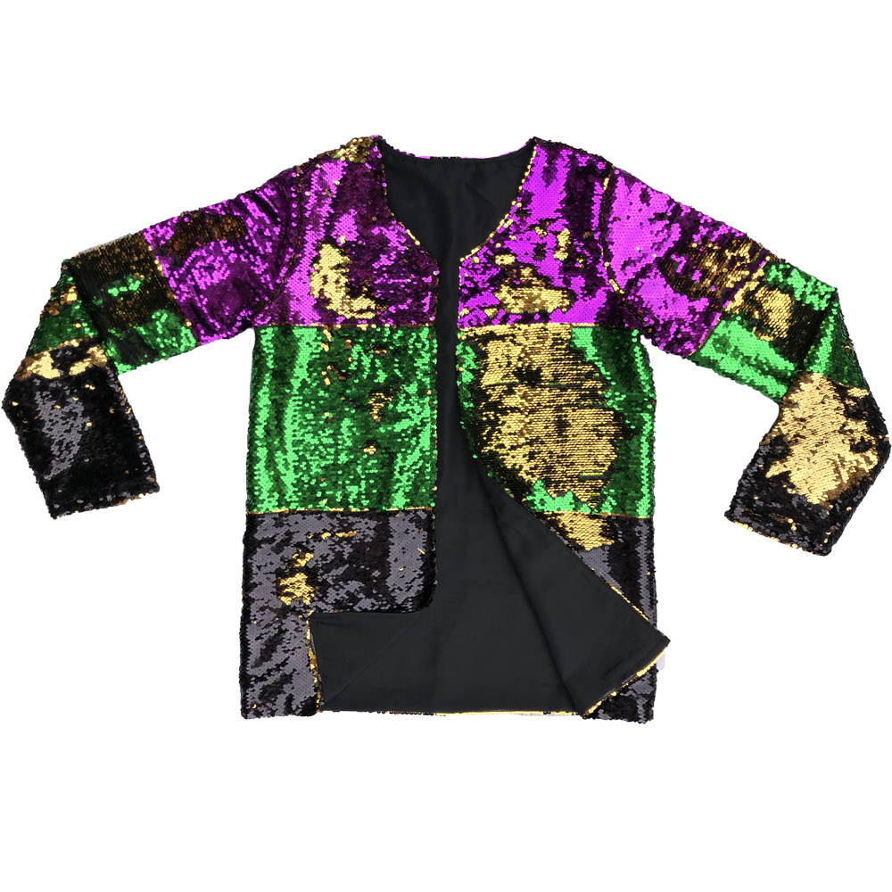 New mardi gras tri-colors sequin kimono orleans family matching reversible gold green purple sequin jacket coat