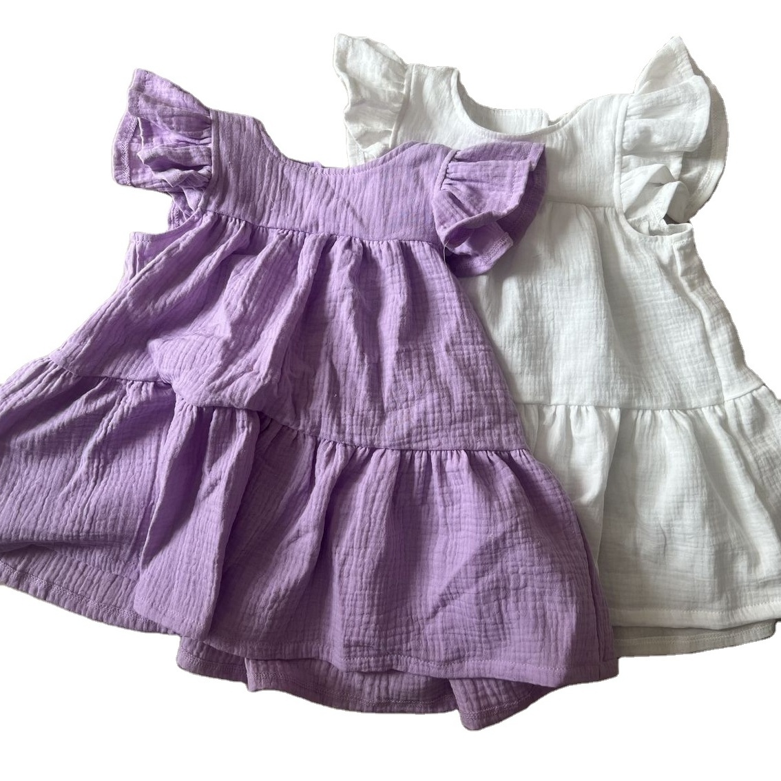 Summer cute girl pleated flyaway sleeve dress muslin cotton loose dress princess style dress kid outfit