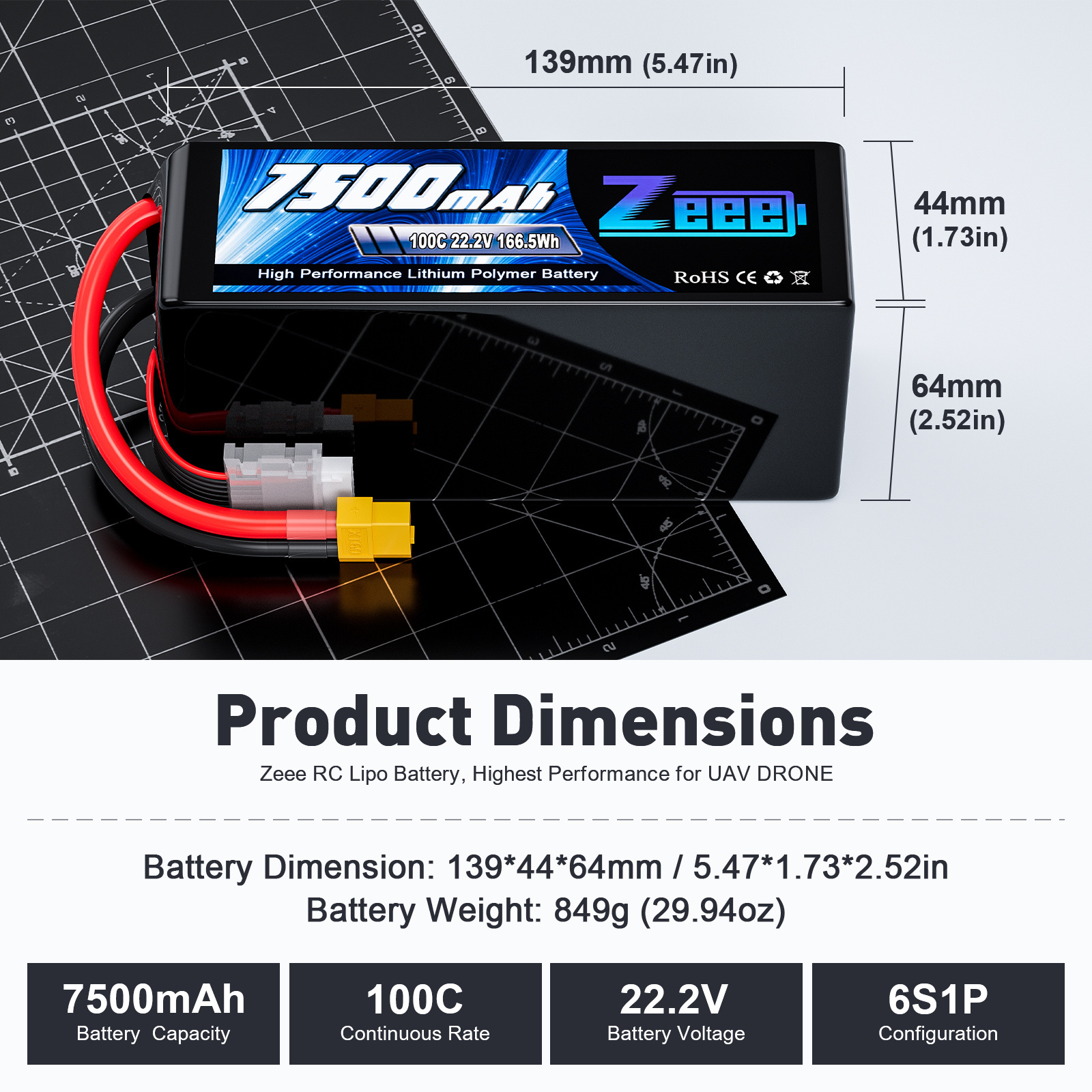 Zeee FPV Drone battery 6S 7500mAh 50C/75C/100C 22.2V XT60 RC LiPo for UAV Toys Boats Large Scale Airplane Drone Aircraft