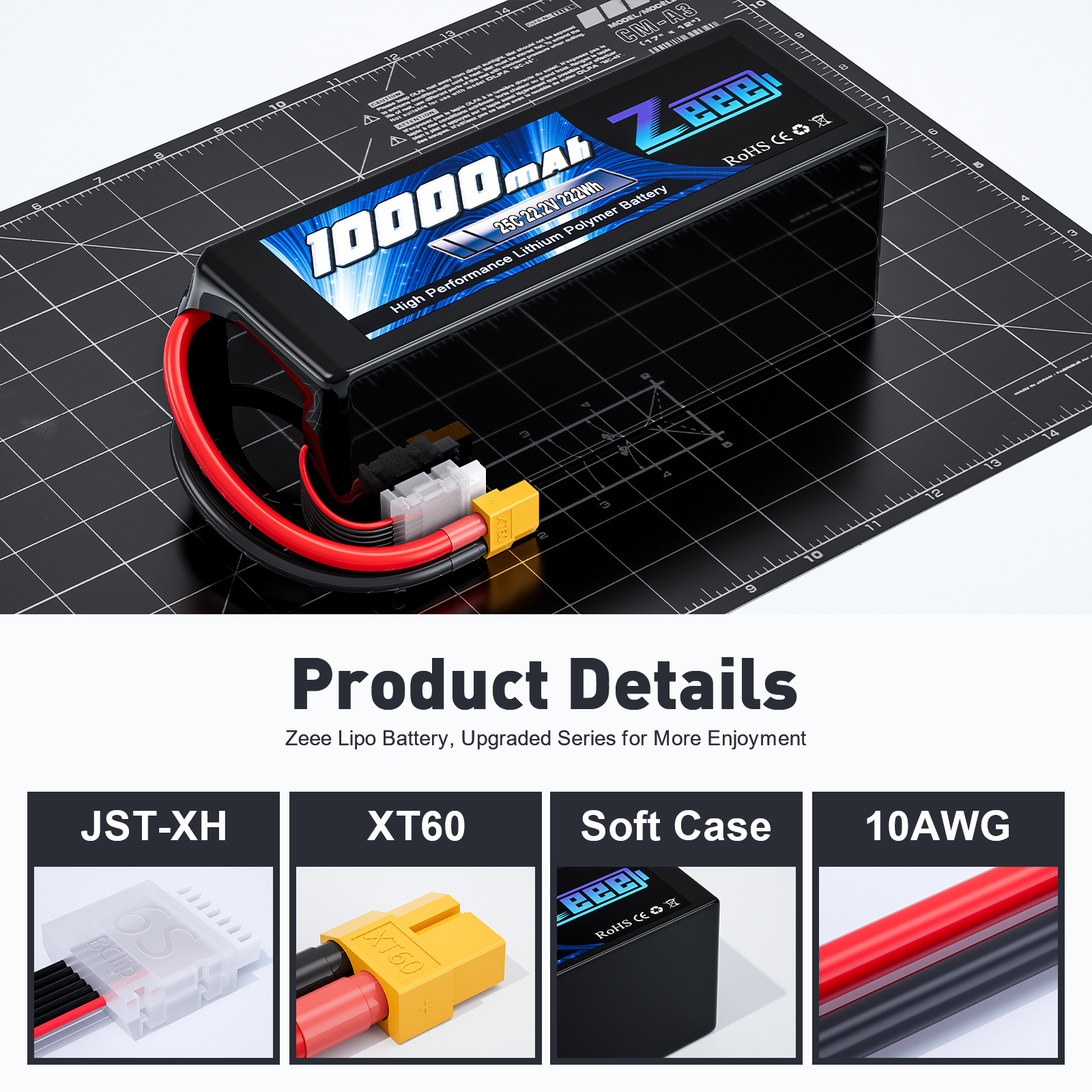 Zeee FPV Drone Battery 6S 10000mAh 25C 22.2V XT60 RC LiPo for Toys Boats Large Scale Airplane Drone Aircraft