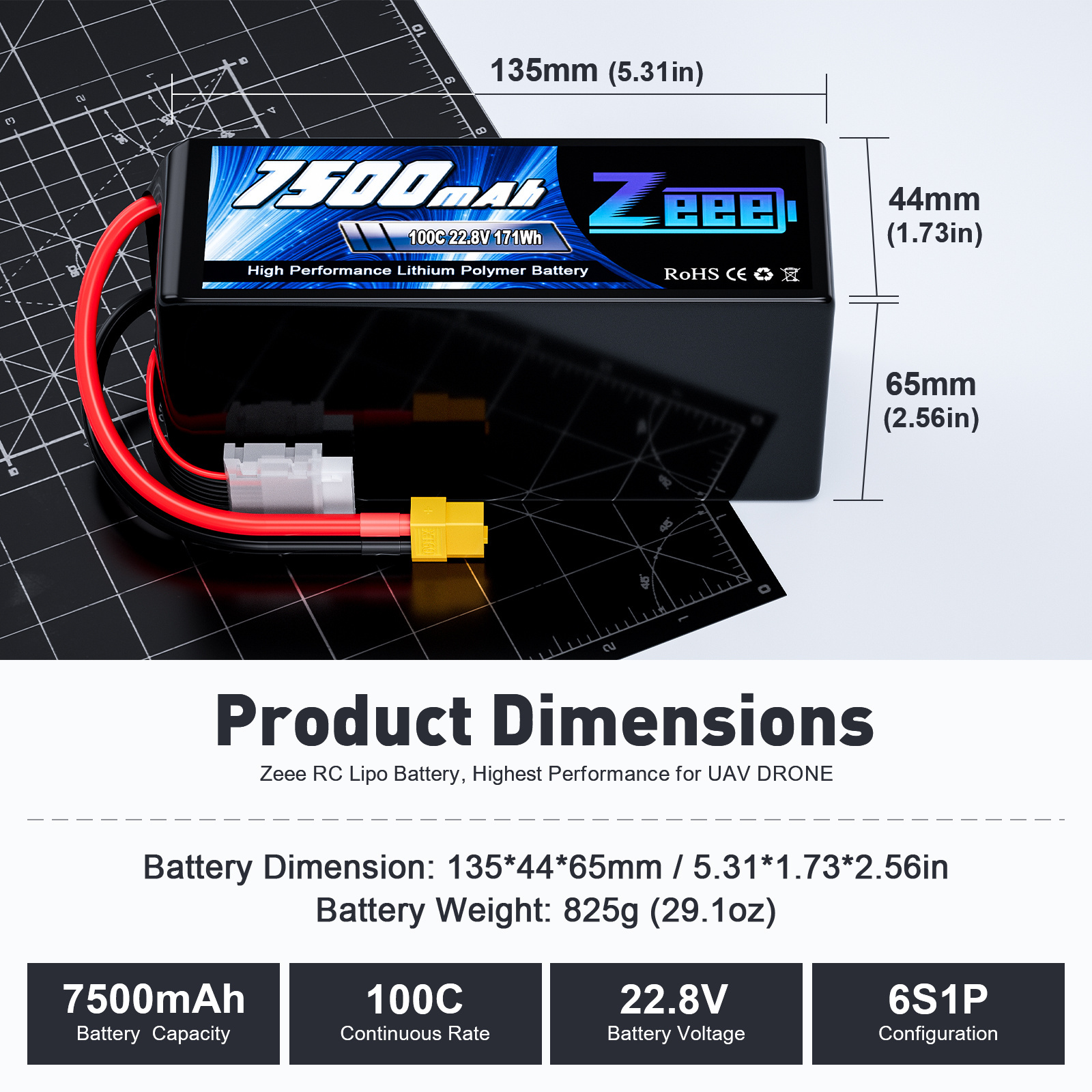 FPV Battery 6S HV 22.8V 7500mAh Lipo Battery 100C with XT60 for FPV Agricultural