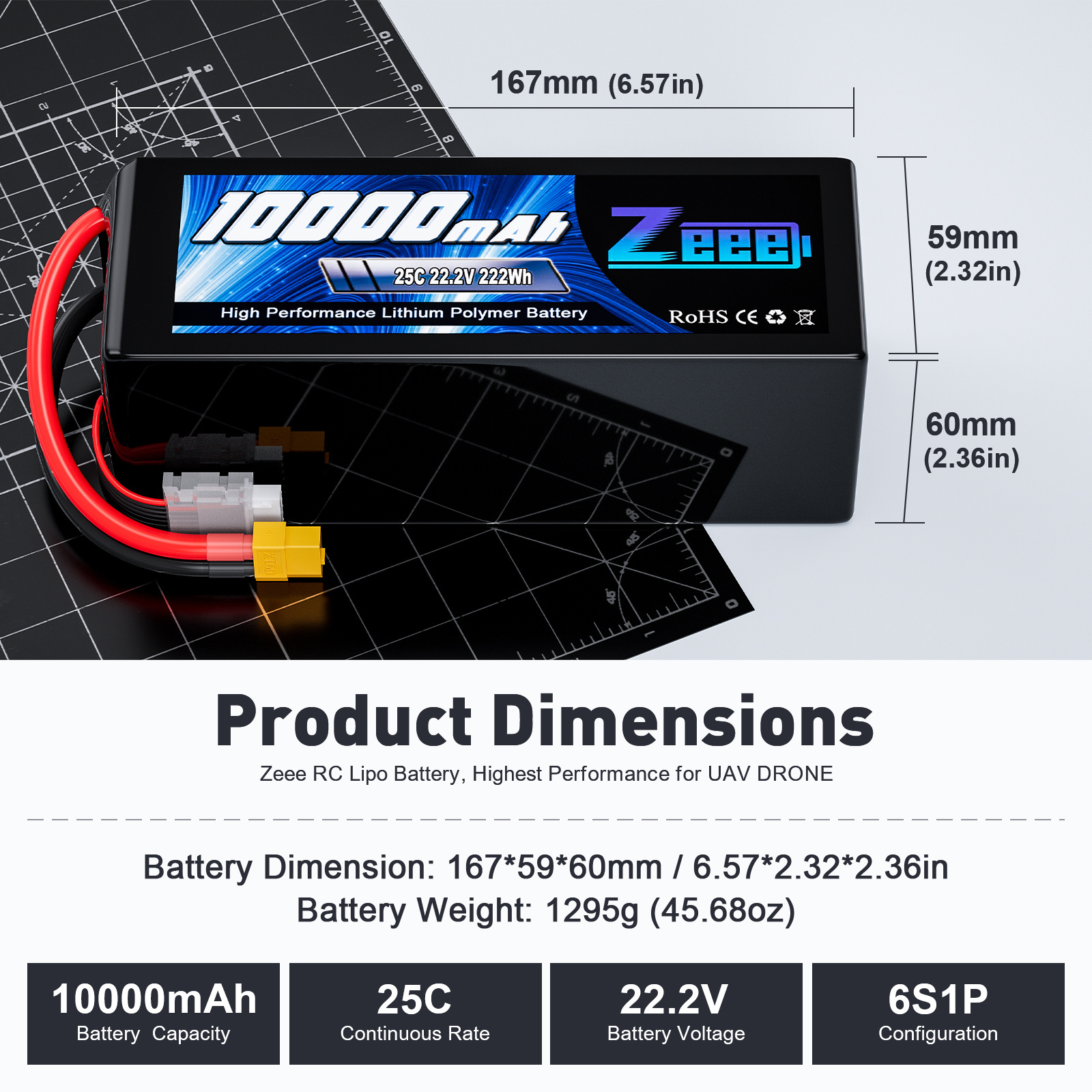 Zeee FPV Drone Battery 6S 10000mAh 25C 22.2V XT60 RC LiPo for Toys Boats Large Scale Airplane Drone Aircraft