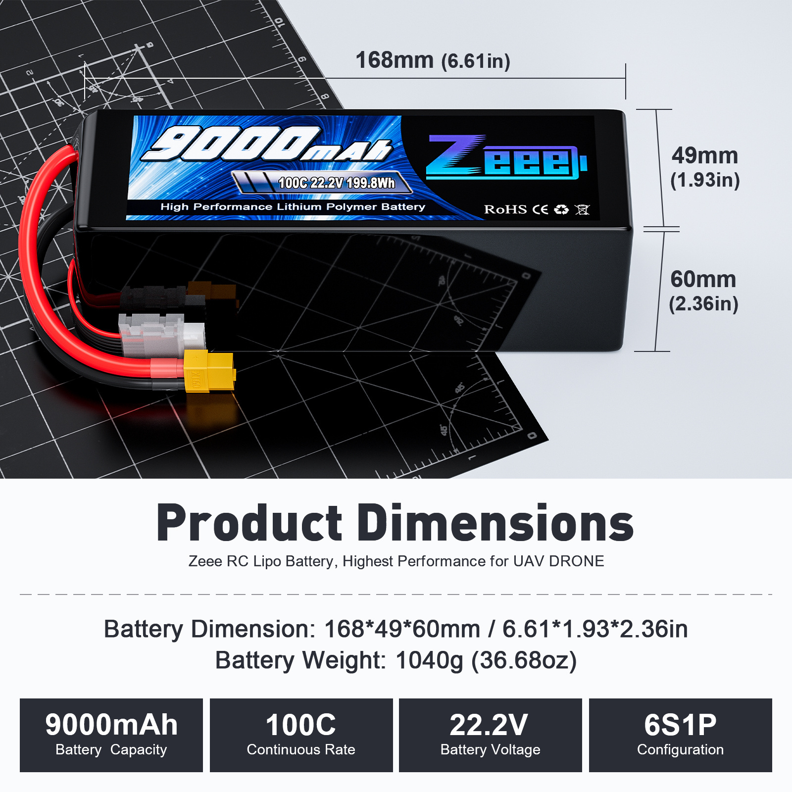 Zeee FPV Drone Battery 6S 9000mAh 100C 22.2V XT60 RC LiPo for Toys Boats Large Scale Airplane Drone Aircraft