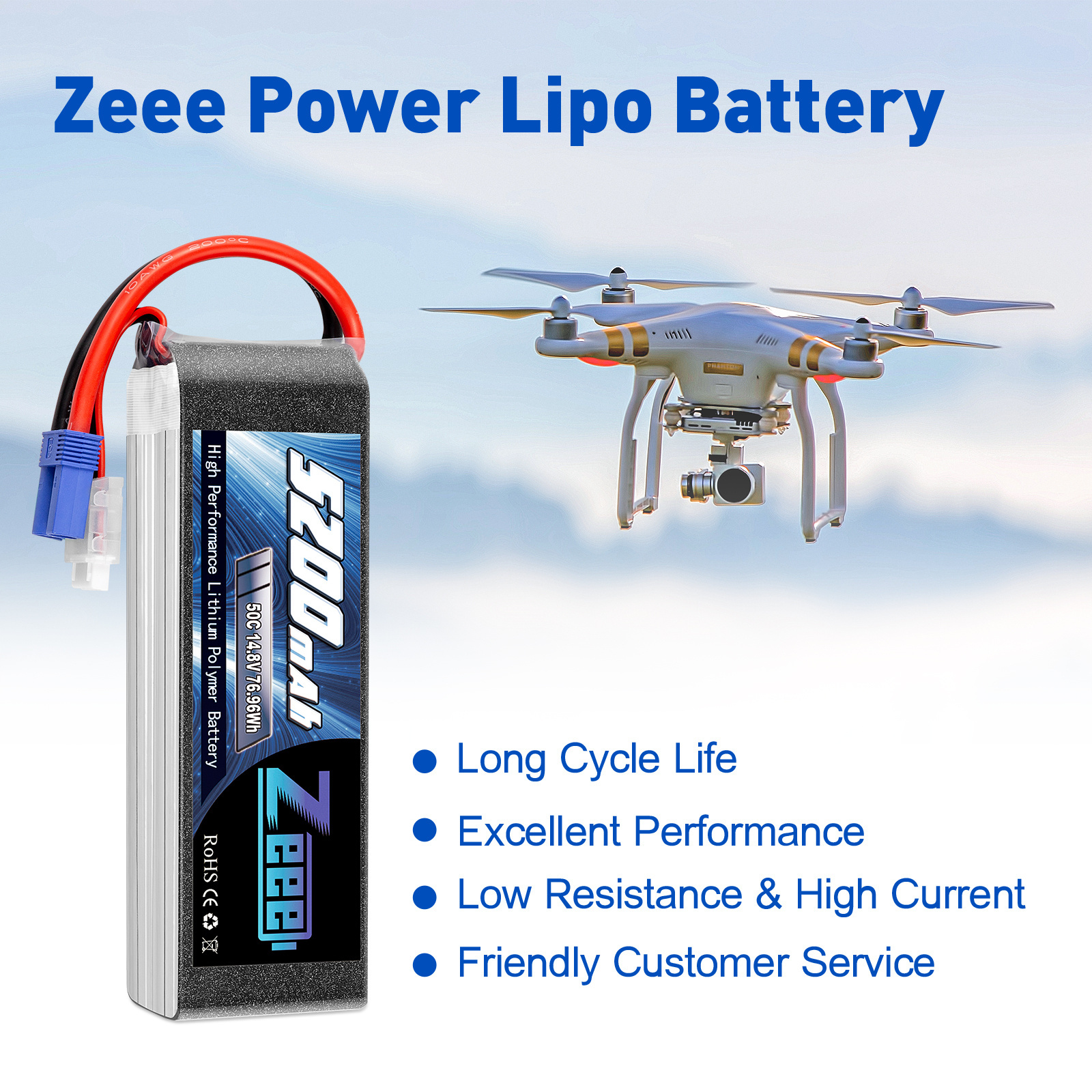 Zeee  Soft Case 14.8V Lipo Battery 4S 50C 5200mAh with EC5 Plug for RC HELI RC Buggy Truggy Crawler Monster Car Boat Truck