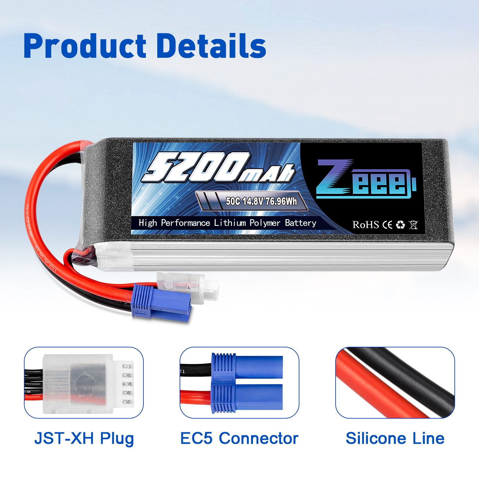 Zeee  Soft Case 14.8V Lipo Battery 4S 50C 5200mAh with EC5 Plug for RC HELI RC Buggy Truggy Crawler Monster Car Boat Truck