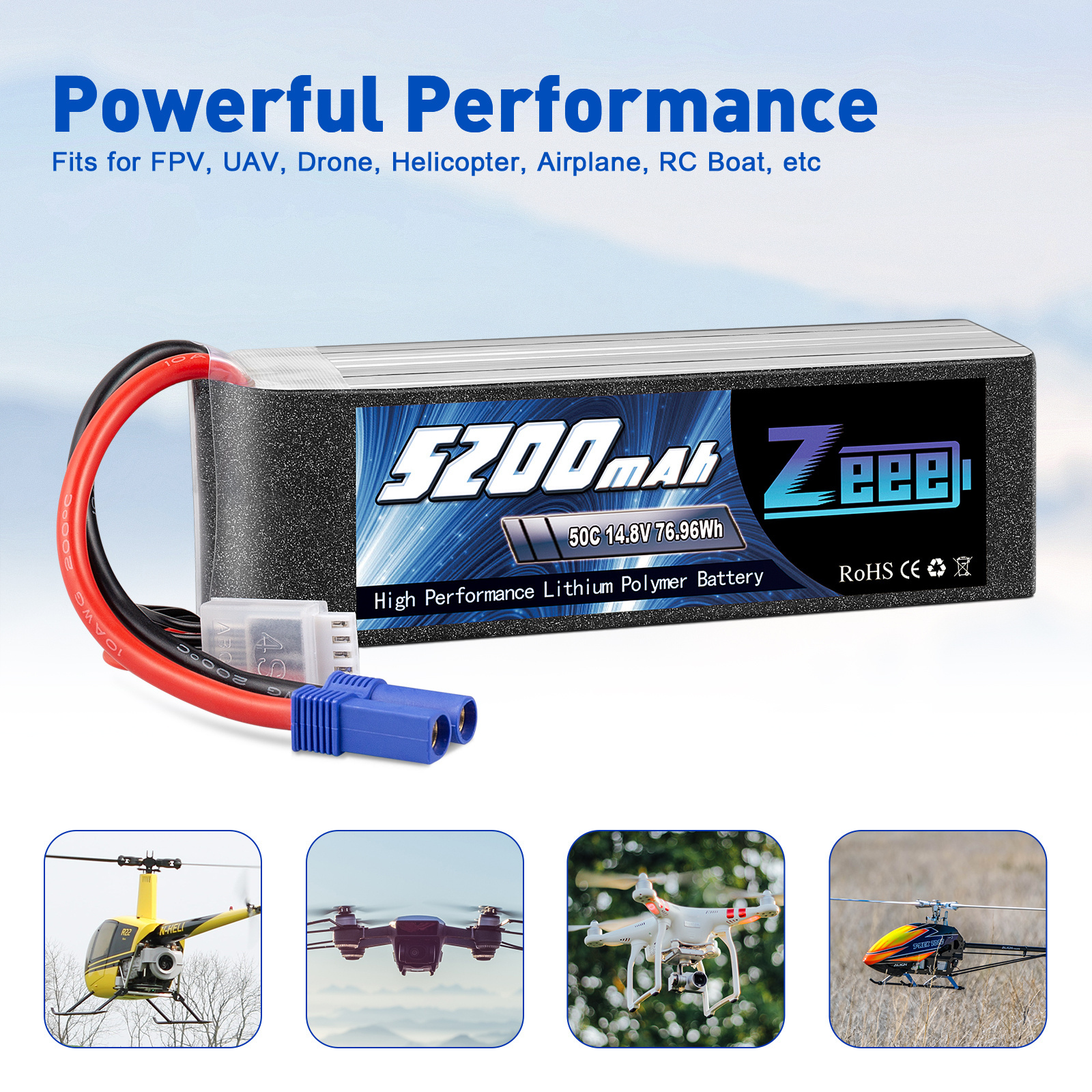 Zeee  Soft Case 14.8V Lipo Battery 4S 50C 5200mAh with EC5 Plug for RC HELI RC Buggy Truggy Crawler Monster Car Boat Truck