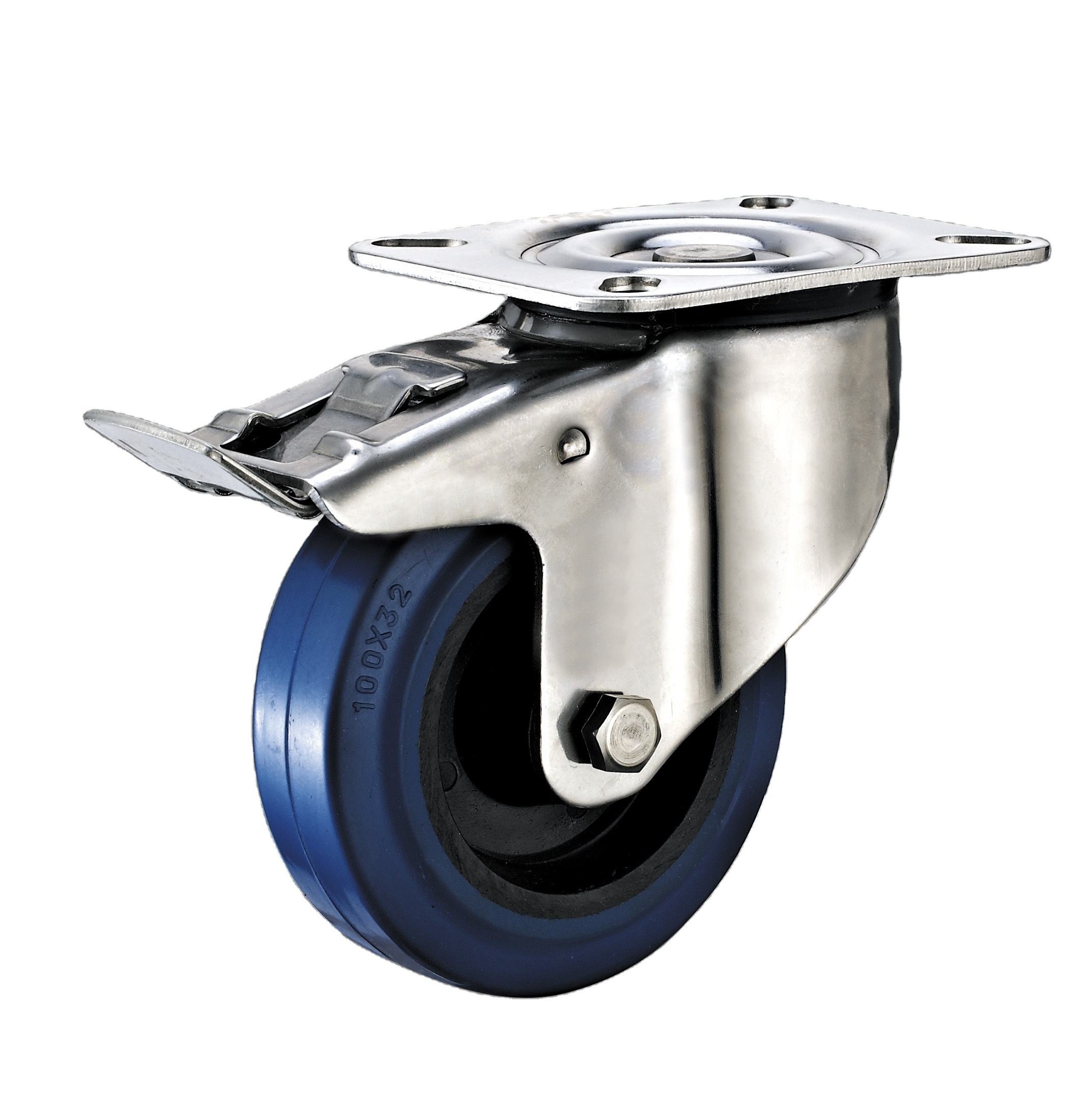 4inch Industrial Stainless Steel Blue Elastic Rubber Caster Wheels