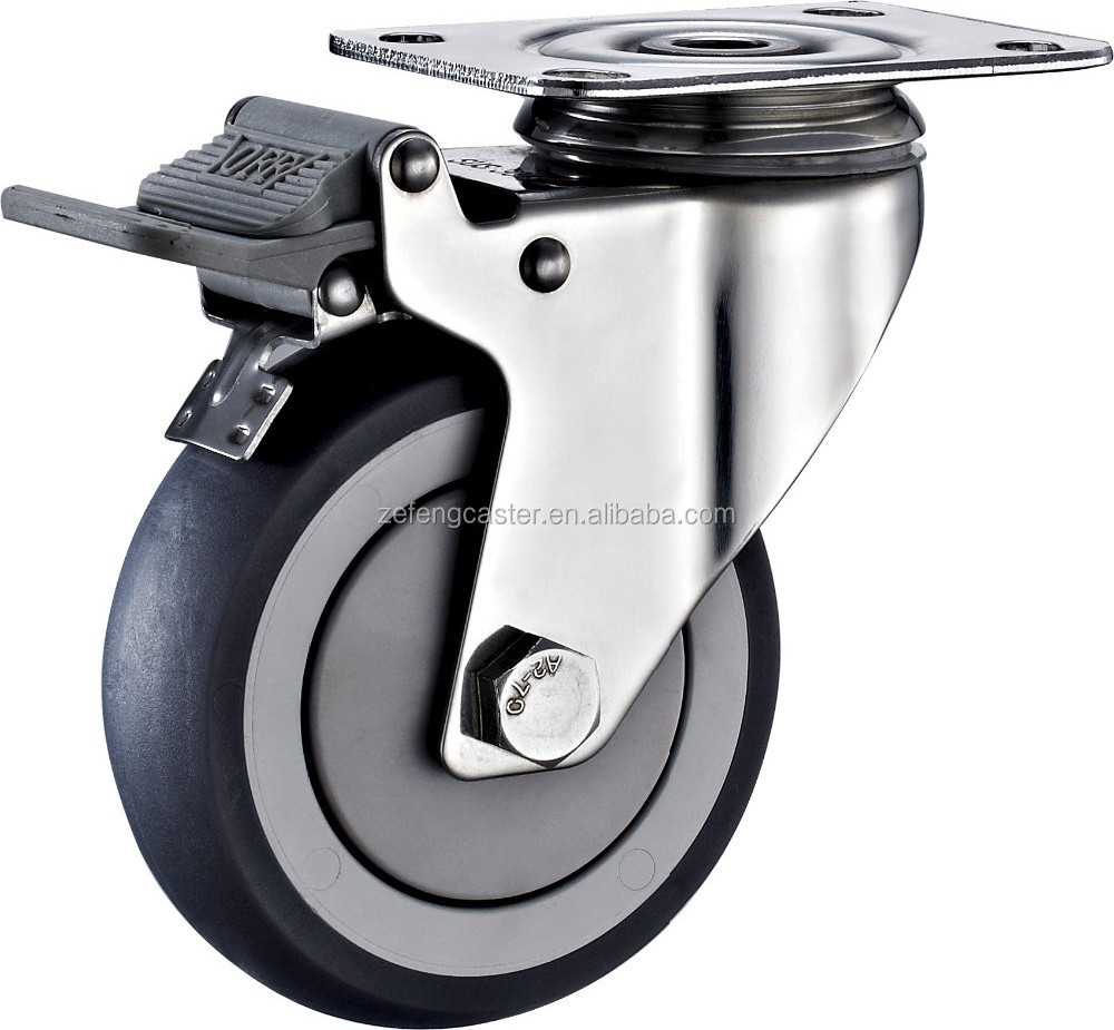 125mm Stainless Steel Industrial swivel wheel with Locking Gray Rubber  Caster