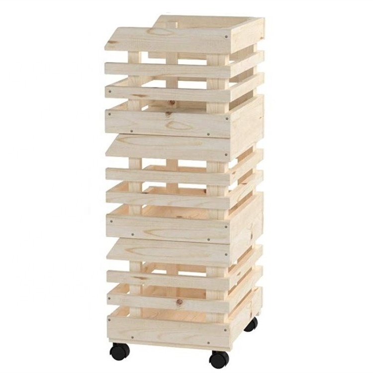 Portable 3 tier kitchen vegetable fruit  wooden crates for storage stackable