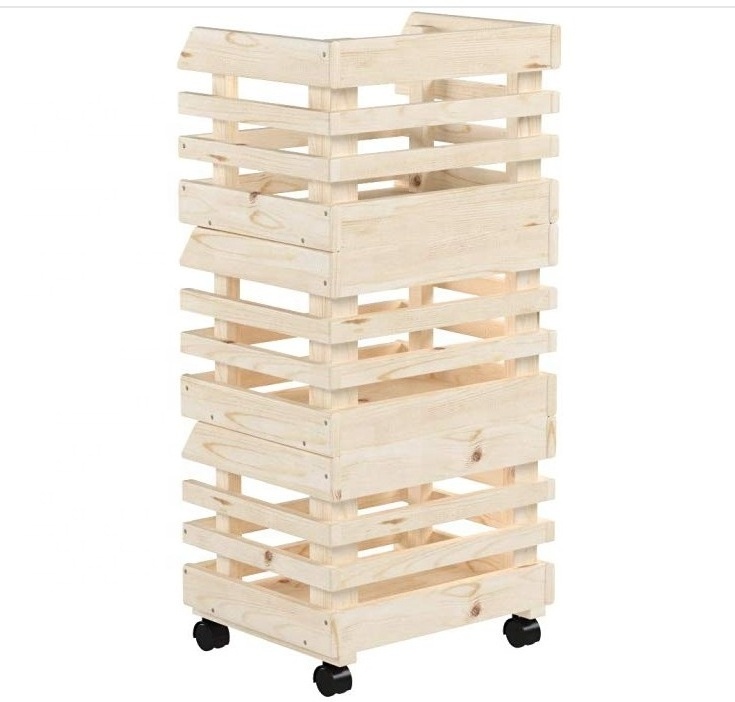 Portable 3 tier kitchen vegetable fruit  wooden crates for storage stackable