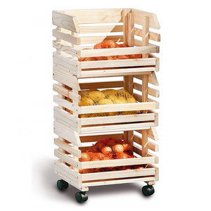 Portable 3 tier kitchen vegetable fruit  wooden crates for storage stackable