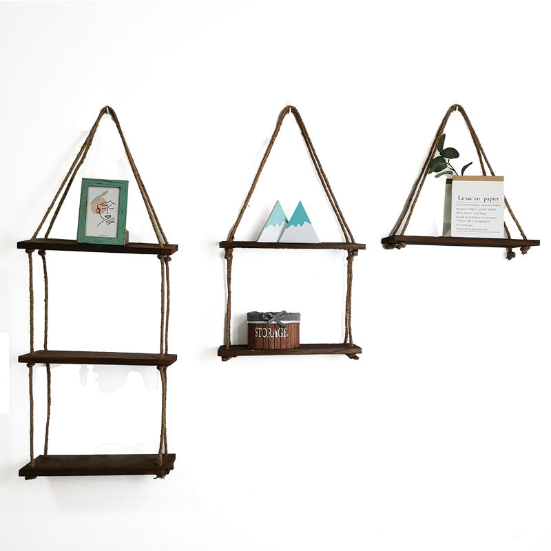 Nordic Wall Hanging Floating Shelves Hanging Rope Display Stand Shelf Swing Wooden Floating Shelves