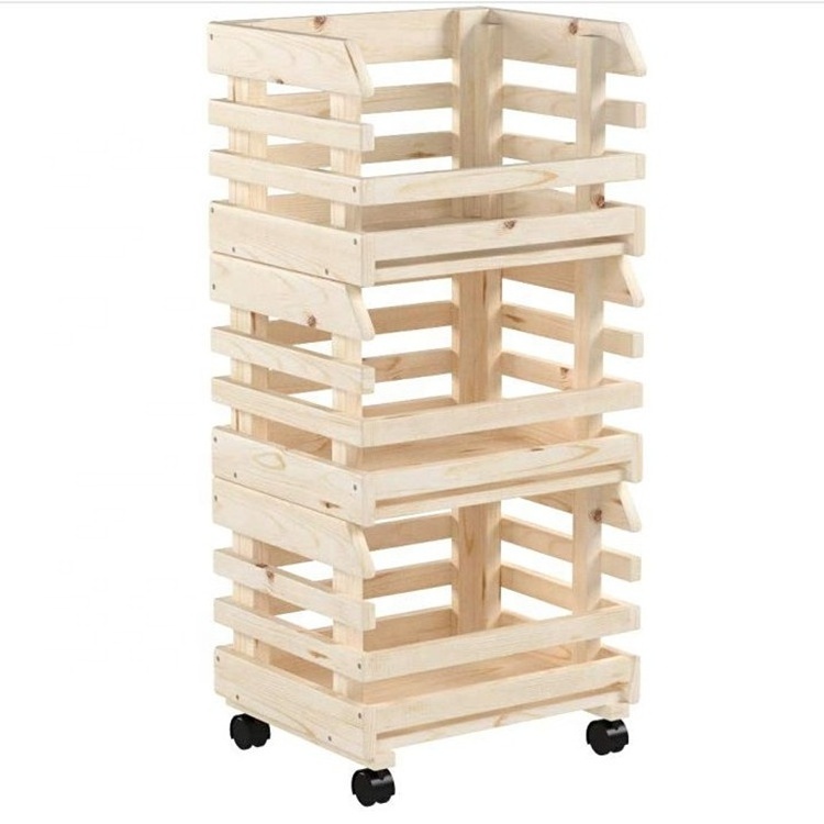 Portable 3 tier kitchen vegetable fruit  wooden crates for storage stackable