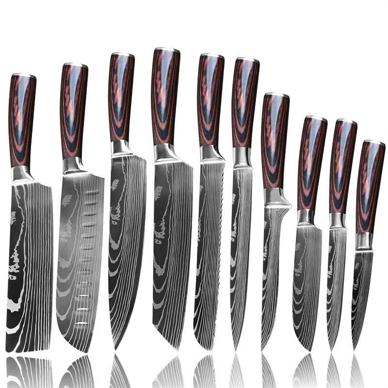 Kitchen 9piece With For Pakka  Wood  Handle Stainless steel knife Damascus chef Knife Set