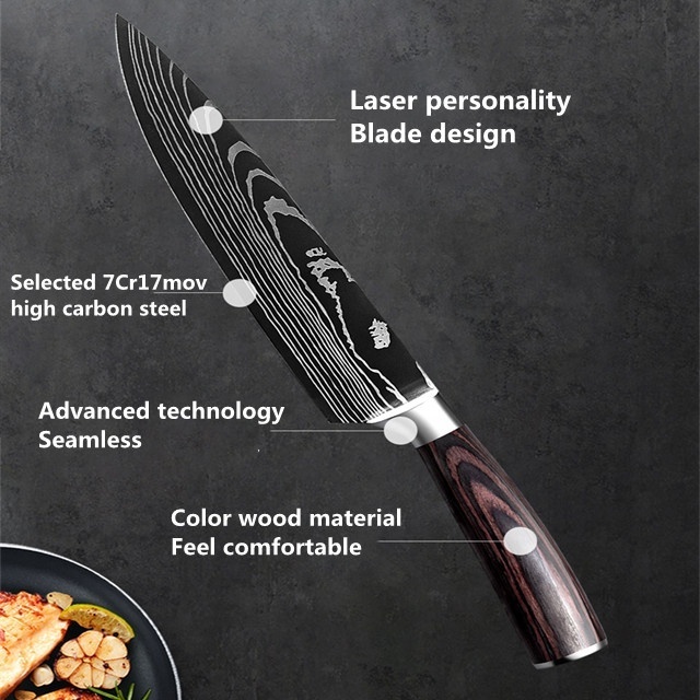 Kitchen 9piece With For Pakka  Wood  Handle Stainless steel knife Damascus chef Knife Set