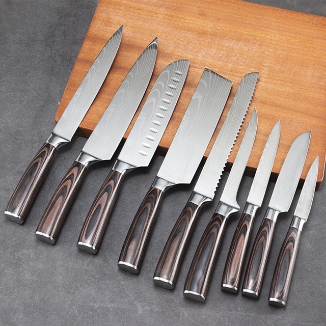 Kitchen 9piece With For Pakka  Wood  Handle Stainless steel knife Damascus chef Knife Set