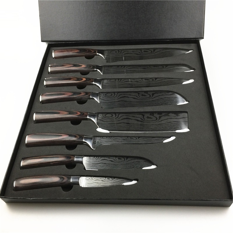 Kitchen 9piece With For Pakka  Wood  Handle Stainless steel knife Damascus chef Knife Set