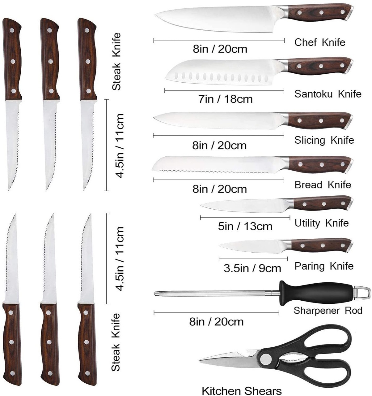 15 Pieces OEM Stainless Steel Knife Block Set Japanese kitchen  Knives Set Of Chef Cooking Set Of Knives Kitchen with Sharpener