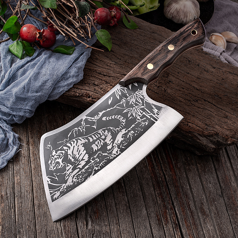 2Pcs set full tang handmade heavy duty meat boning chopper knife Tiger Pattern Meat Eagle Cleaver Knife  With Cover Sheath