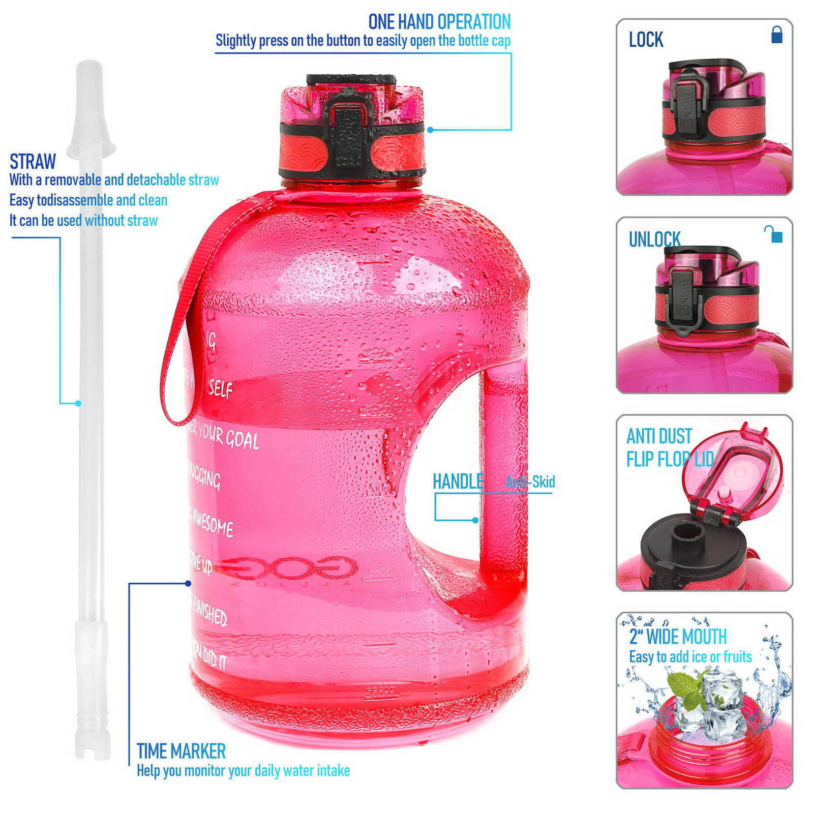 2021 Multiple Sizes Leakproof Flip Top Motivational Water Bottle, Fitness Gym Water Jug Wide Mouth one 1 Gallon Water Bottle