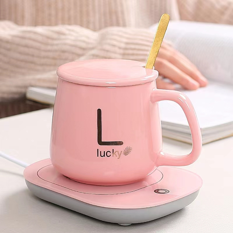 Electric Thermostatic Heating Pad Custom Porcelain Coffee Tea Cups Ceramics USB Charging Smart Heated Mug With Heater Spoon