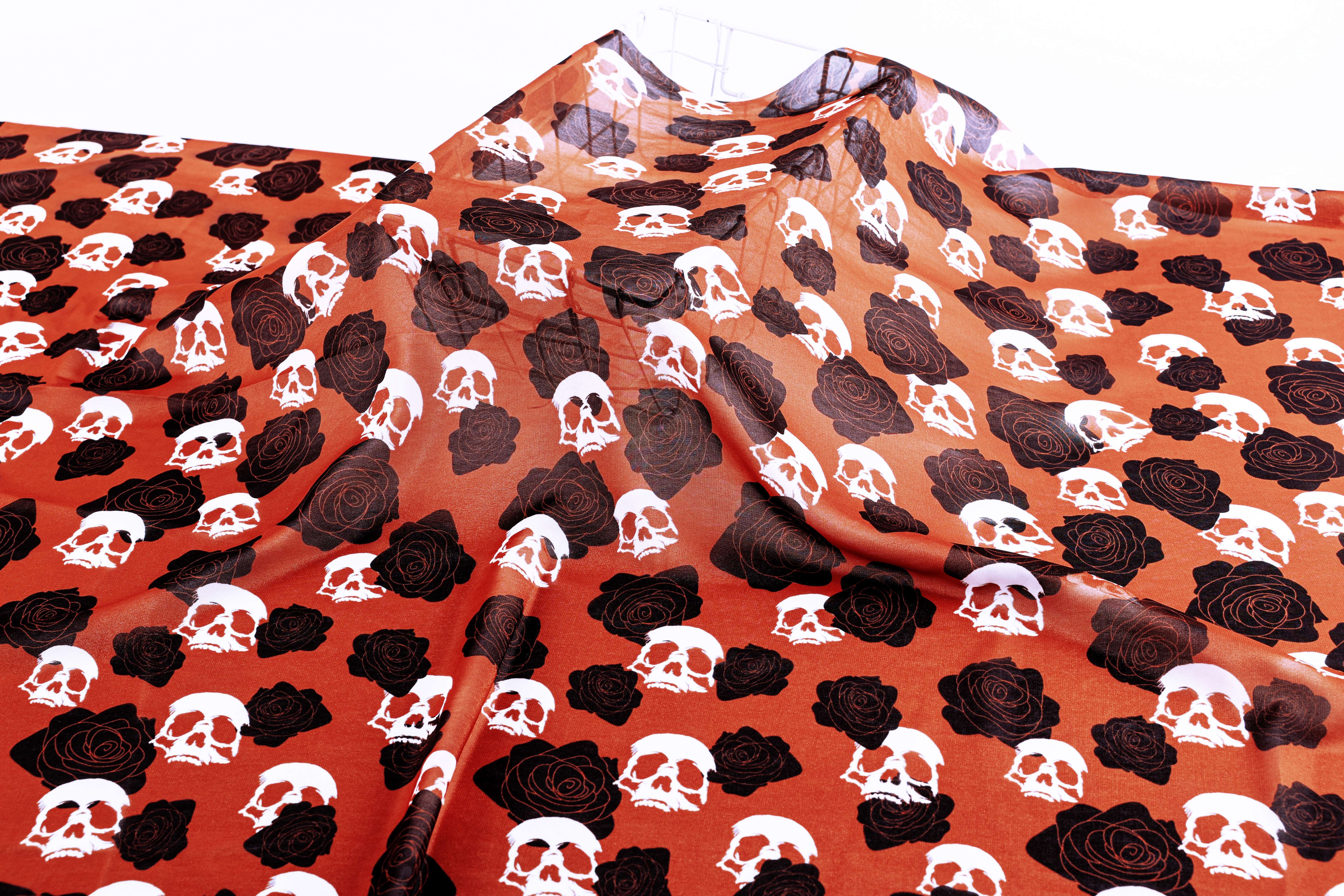 high quality soft touch support custom rose skull shinny chiffon polyester print fabric for scarf clothing