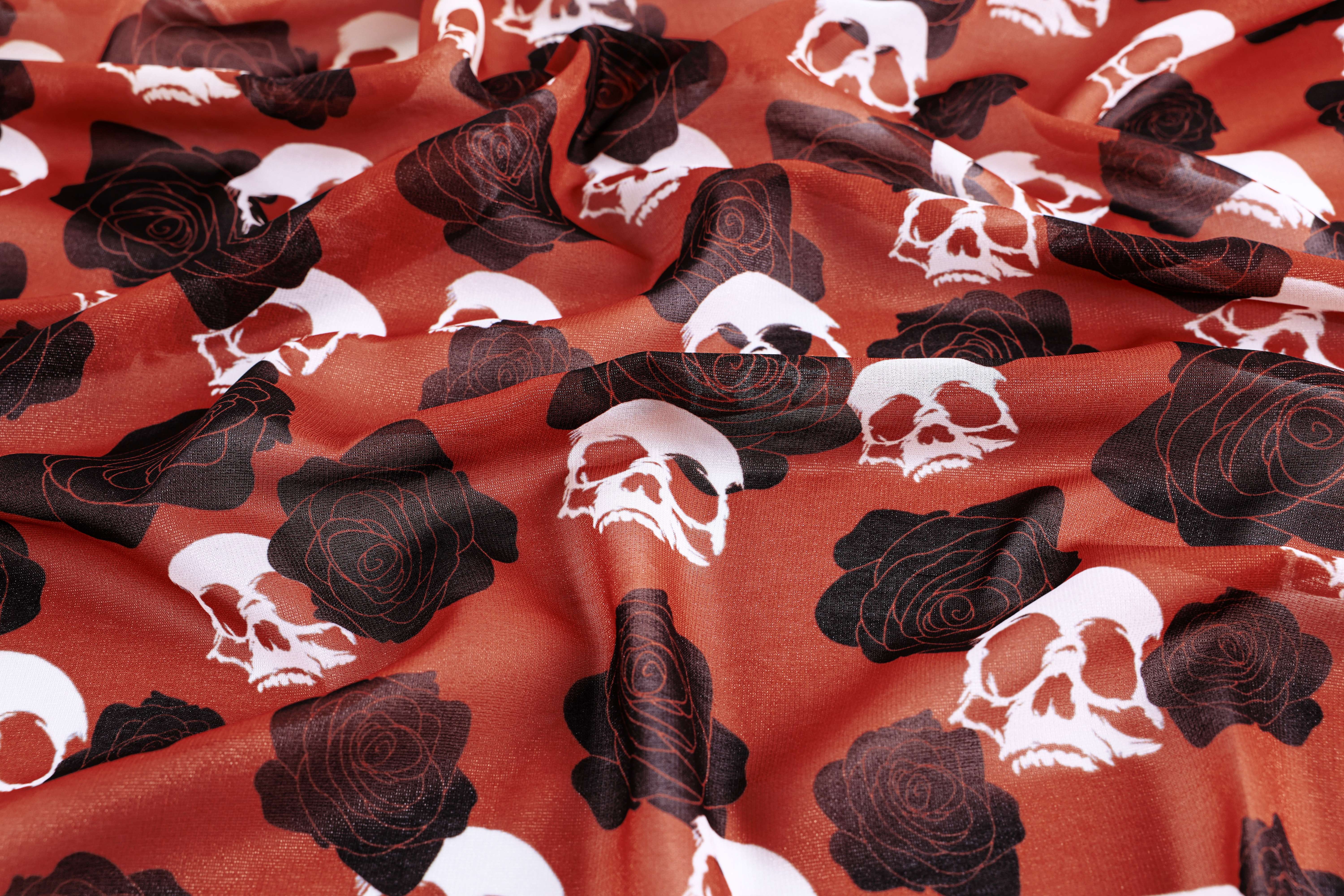 high quality soft touch support custom rose skull shinny chiffon polyester print fabric for scarf clothing