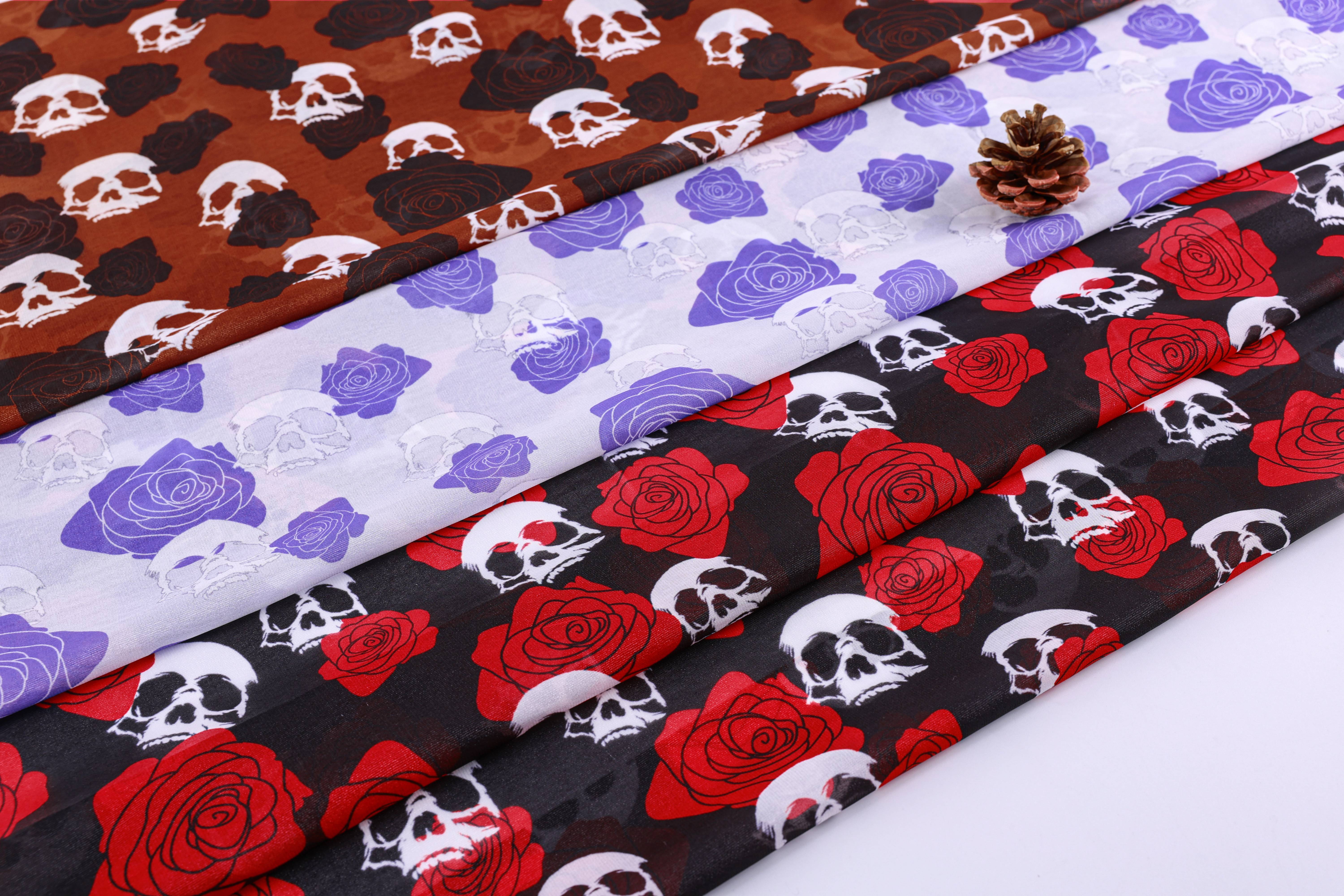 high quality soft touch support custom rose skull shinny chiffon polyester print fabric for scarf clothing