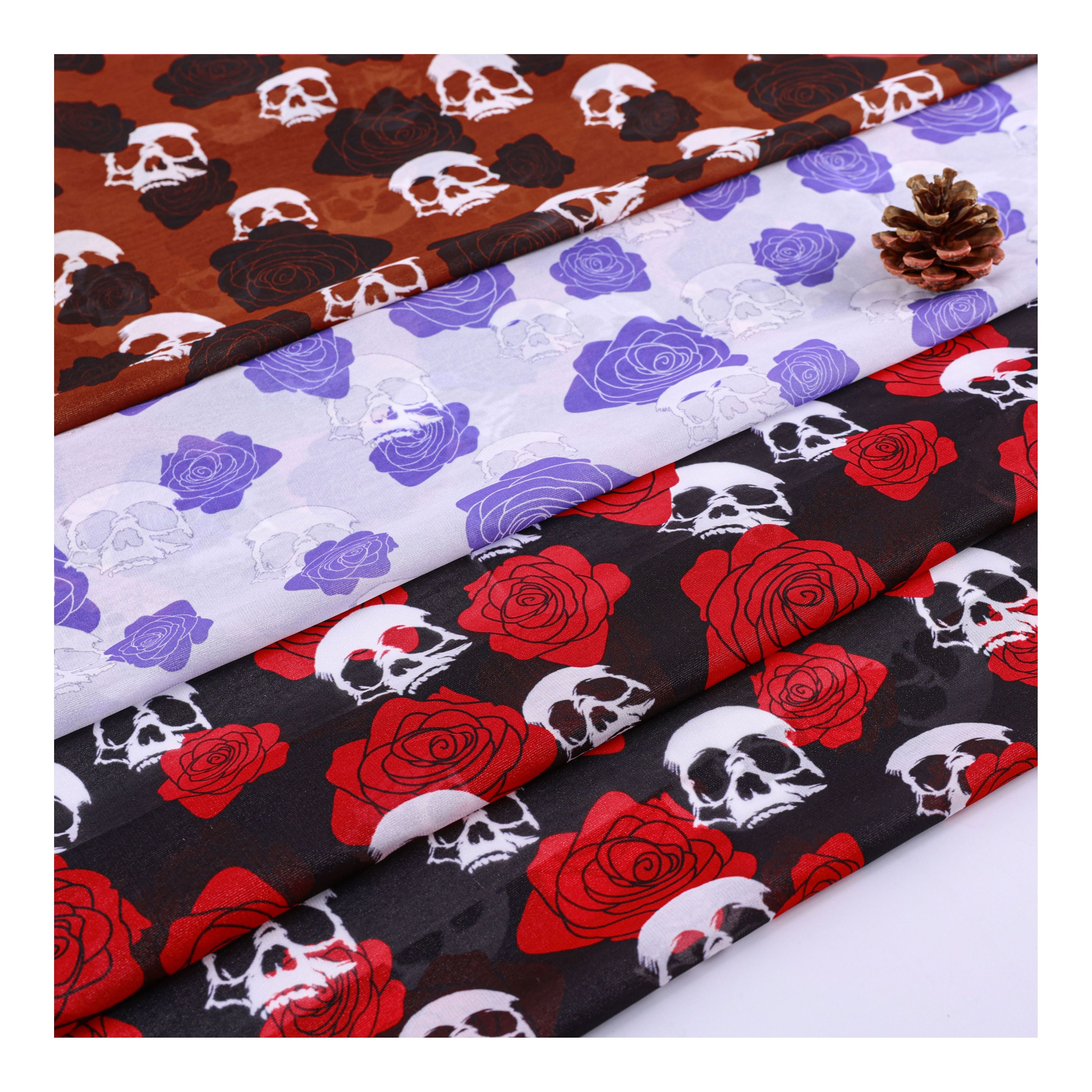 high quality soft touch support custom rose skull shinny chiffon polyester print fabric for scarf clothing