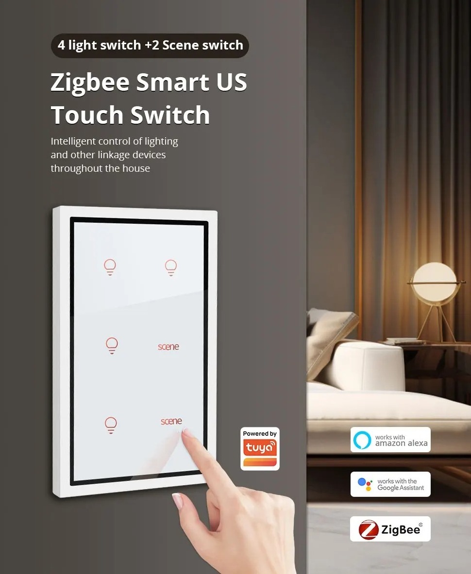 Zemismart Tuya Zigbee Light Switch Scene Switch 4 Gang 4x2 Touch Wall Switches Neutral Required Alexa Google Home Voice Control